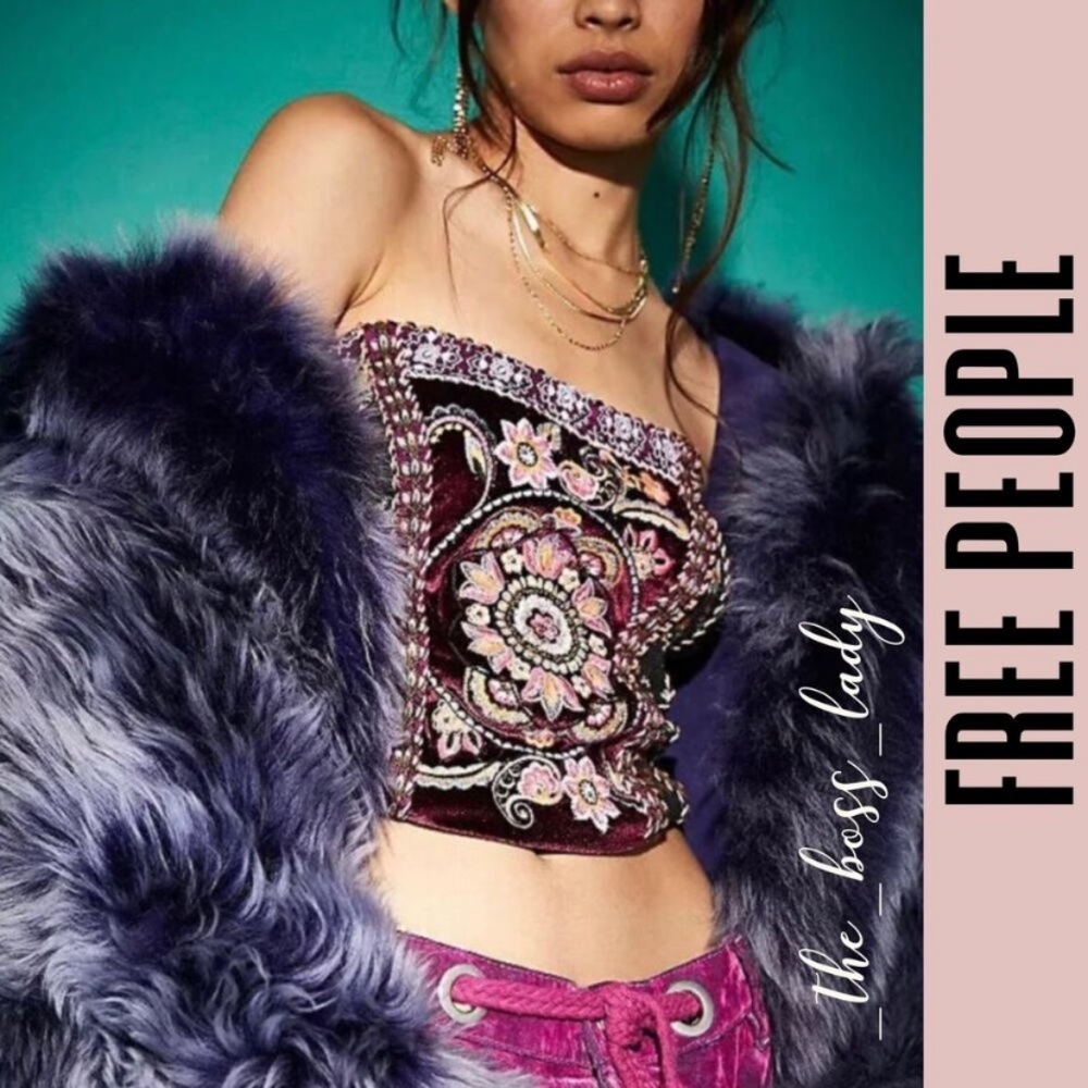 Free People Floral Embroidered Velvet Beaded Strapless Top